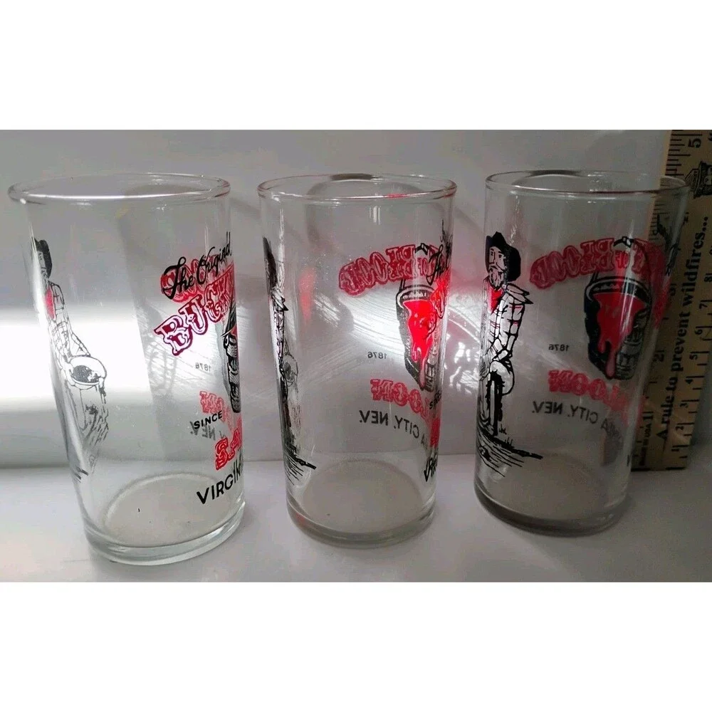 Vintage Bucket of Blood Saloon Virginia City Nevada Glasses Set of 3 Cowboy Art